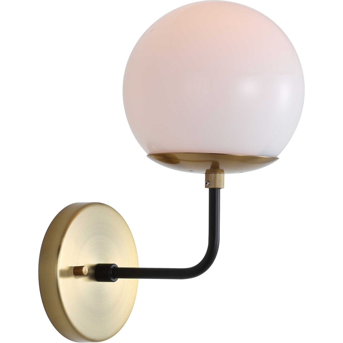 A softly glowing globe pairs with a curved black arm and a brass wall plate