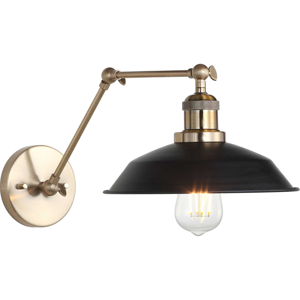 A clear bulb casts warm light beneath a black dome shade and brass-finished arm.