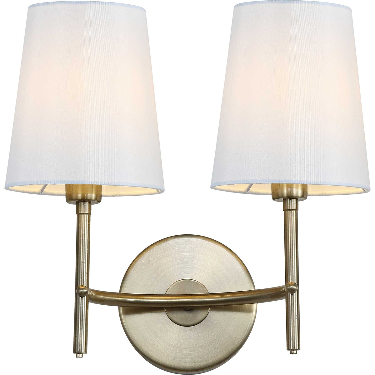 Warm light glows through two white shades above a brass-finished frame.