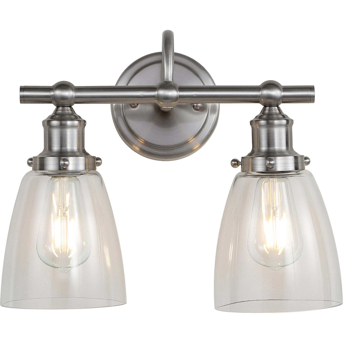Glowing bulbs shine through two clear glass shades beneath a nickel-tone bar