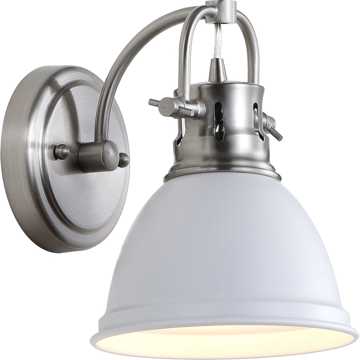 White metal shade casts a warm downward glow beneath brushed nickel hardware
