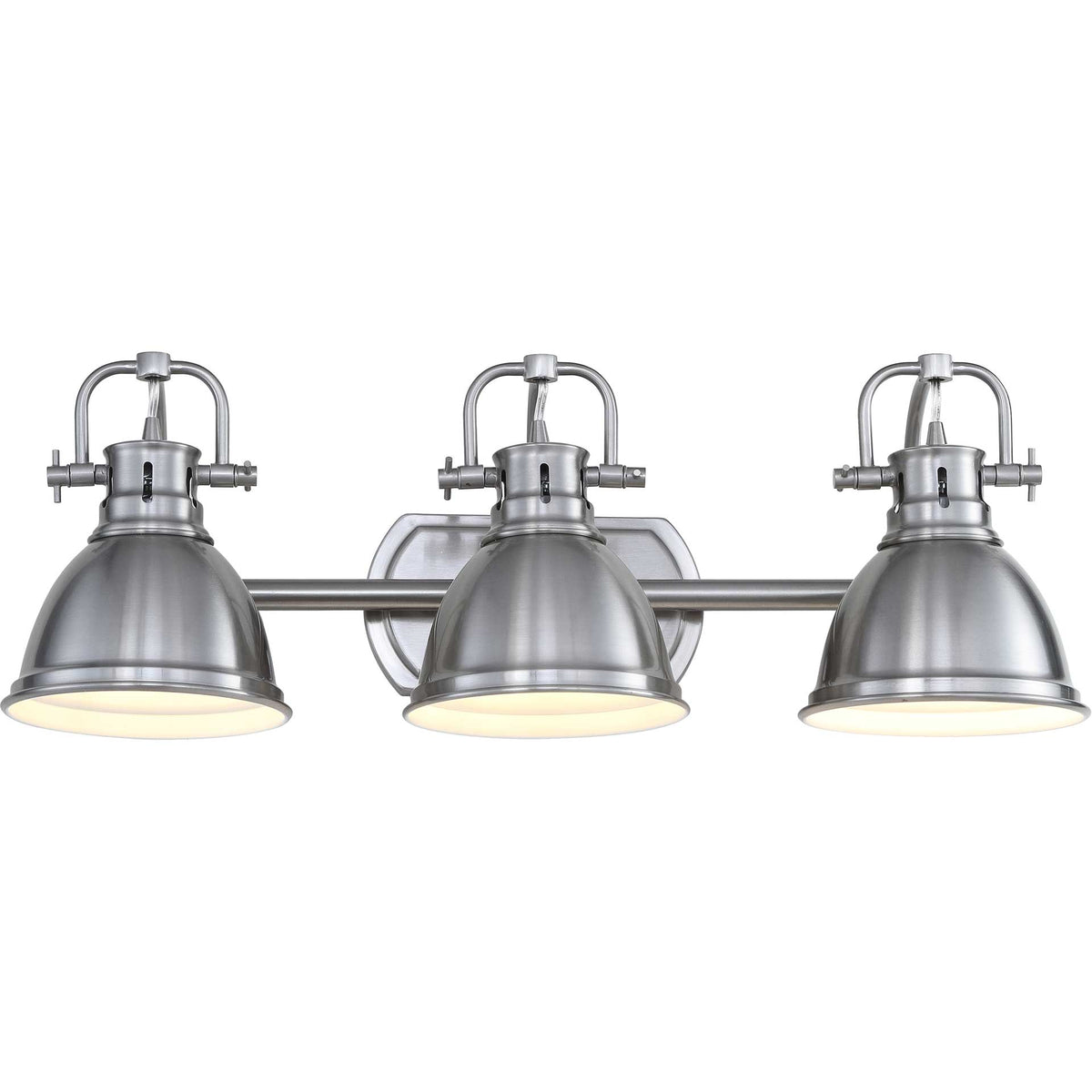 Three metal dome shades direct a warm glow downward from a brushed nickel sconce.