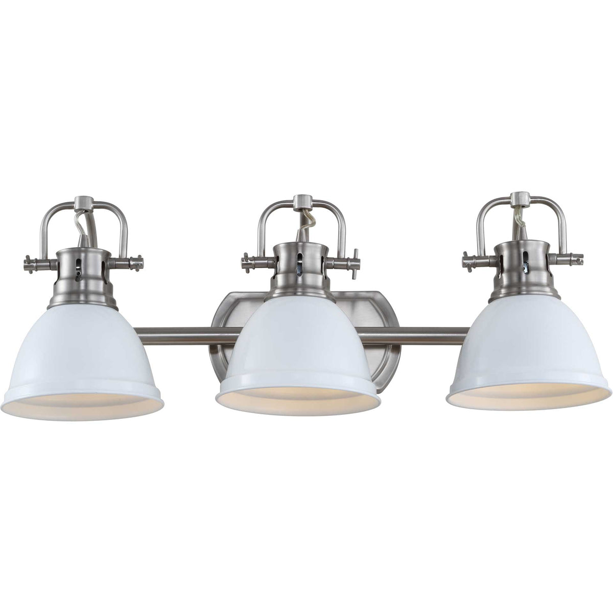 White bell-shaped shades send soft light downward from a brushed nickel wall fixture.