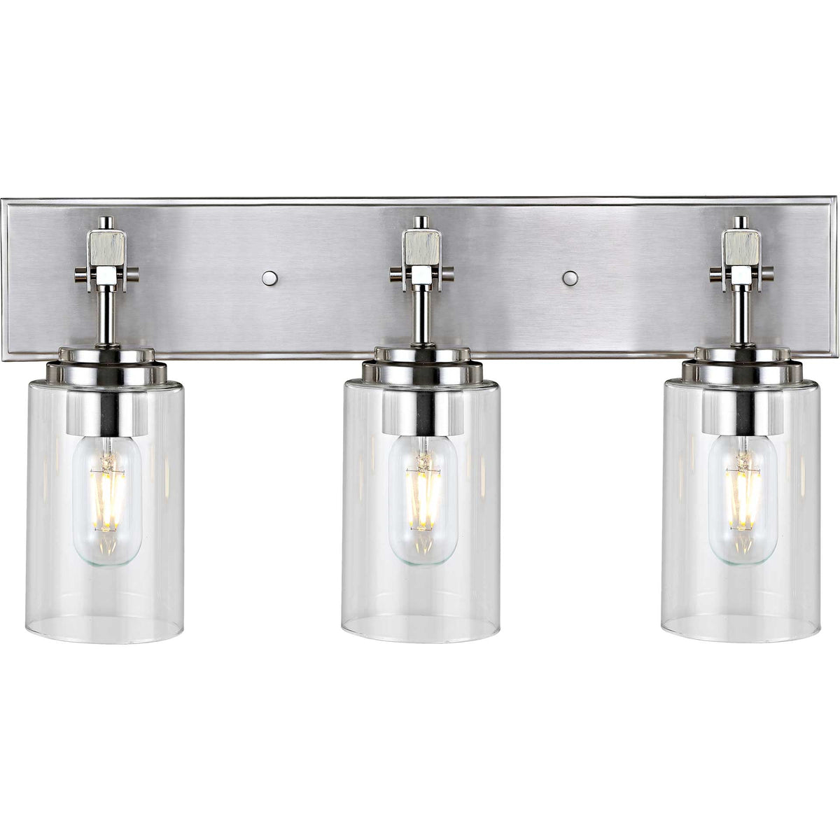 Glowing filament bulbs shine through three clear glass shades beneath a sleek metal backplate.