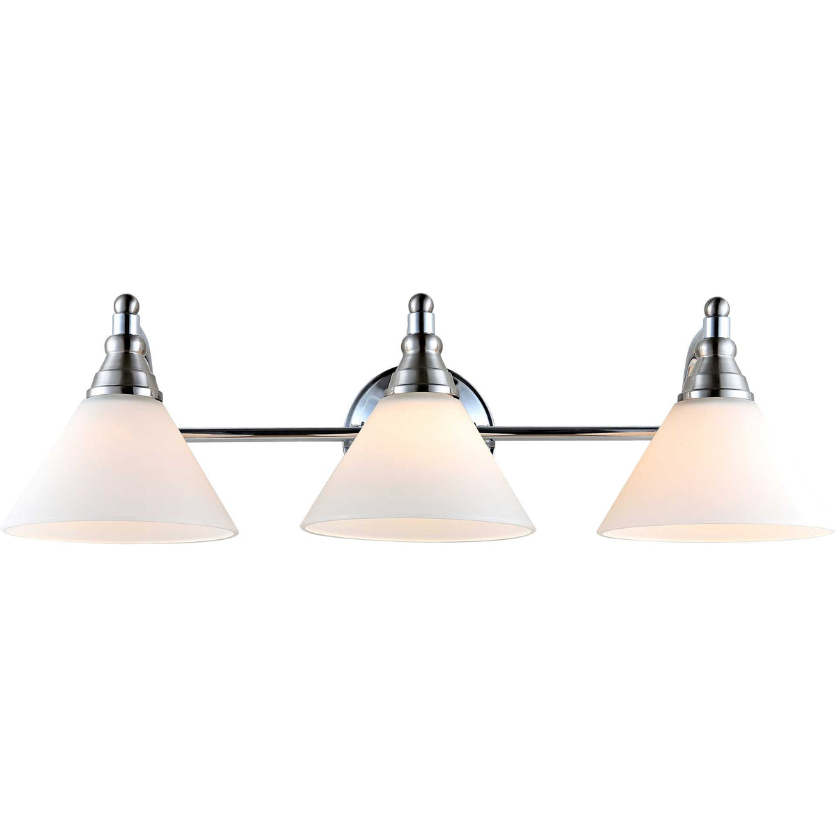 Soft light glows through three conical white shades on a sleek nickel-tone wall sconce