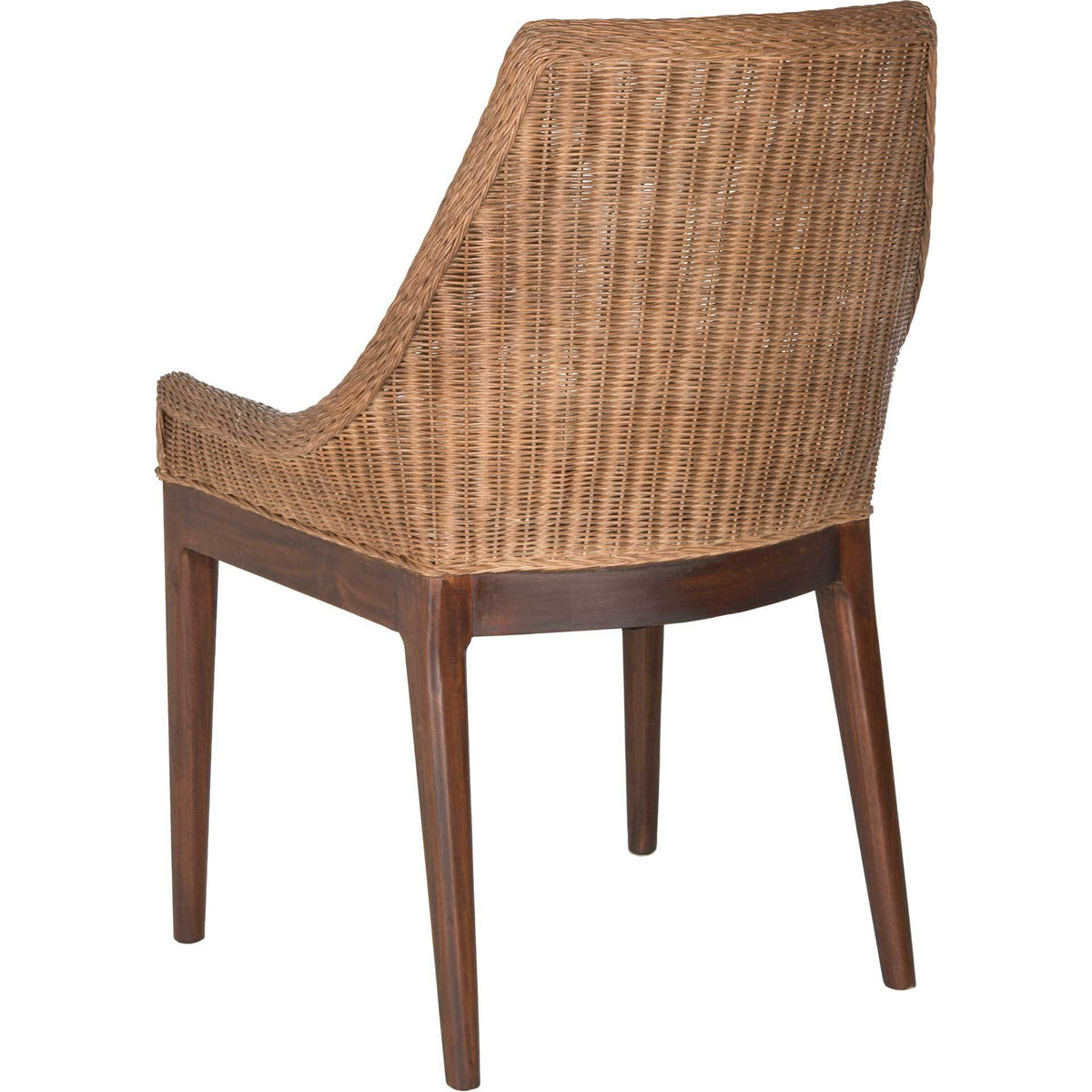 Finely woven brown rattan curves around the chair back above dark mahogany rails and tapered legs