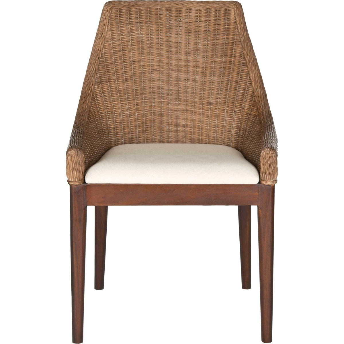 A tall woven rattan back frames the white cushioned seat above a dark mahogany frame || SEA4000A || front_studio