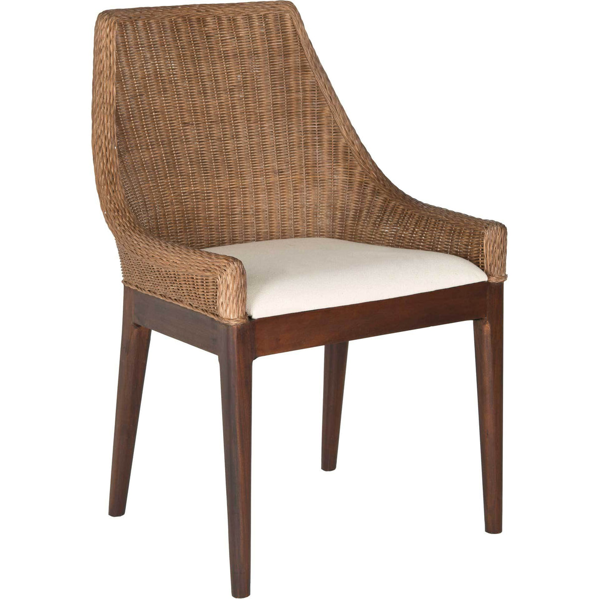 Sloping rattan back and curved arms pair with a white seat cushion and slender mahogany legs || SEA4000A || front_angle_studio