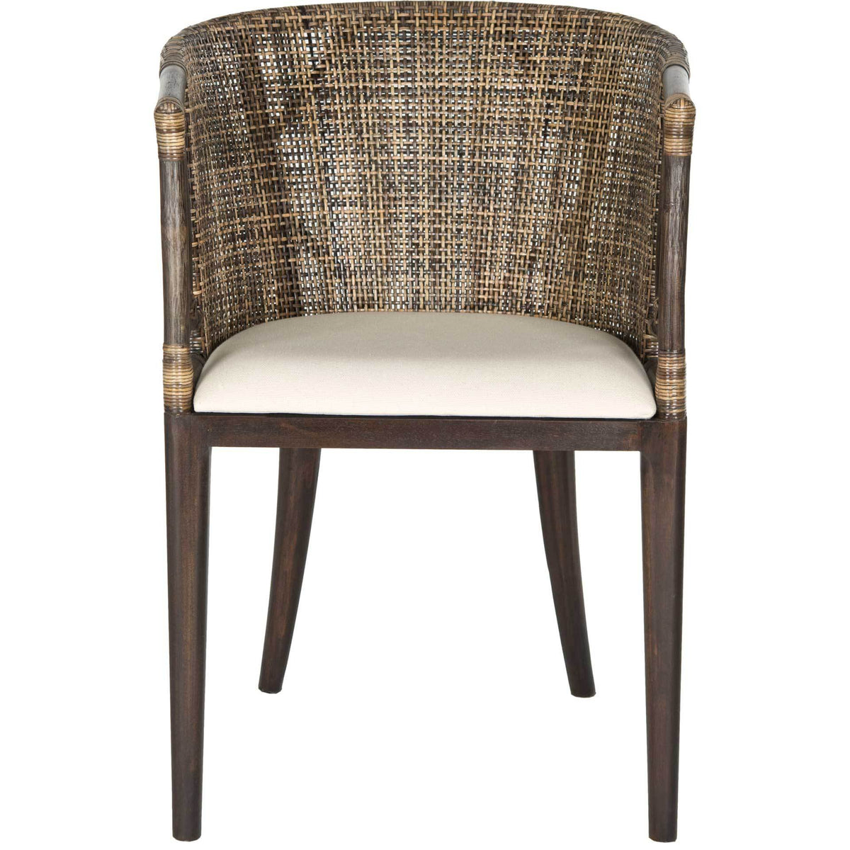 Curved woven rattan embraces a crisp white cushion on a dark wood armchair with wrapped arm accents. || SEA4001A || front_studio