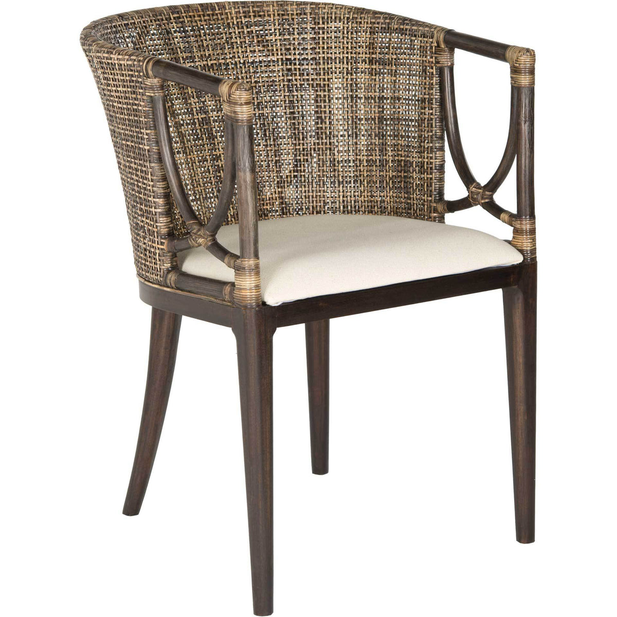 Graceful open arms frame a woven rattan back and white cushion above slim dark wood legs. || SEA4001A || front_angle_studio