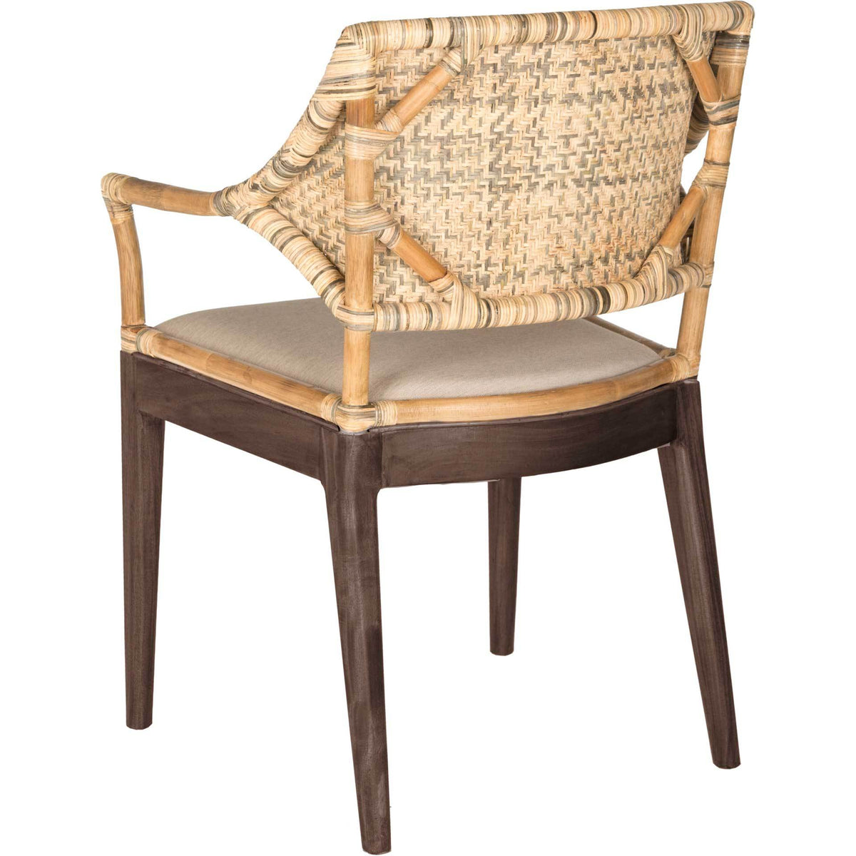 Open rattan framing and wrapped joints add texture to the woven back and dark wood chair frame.