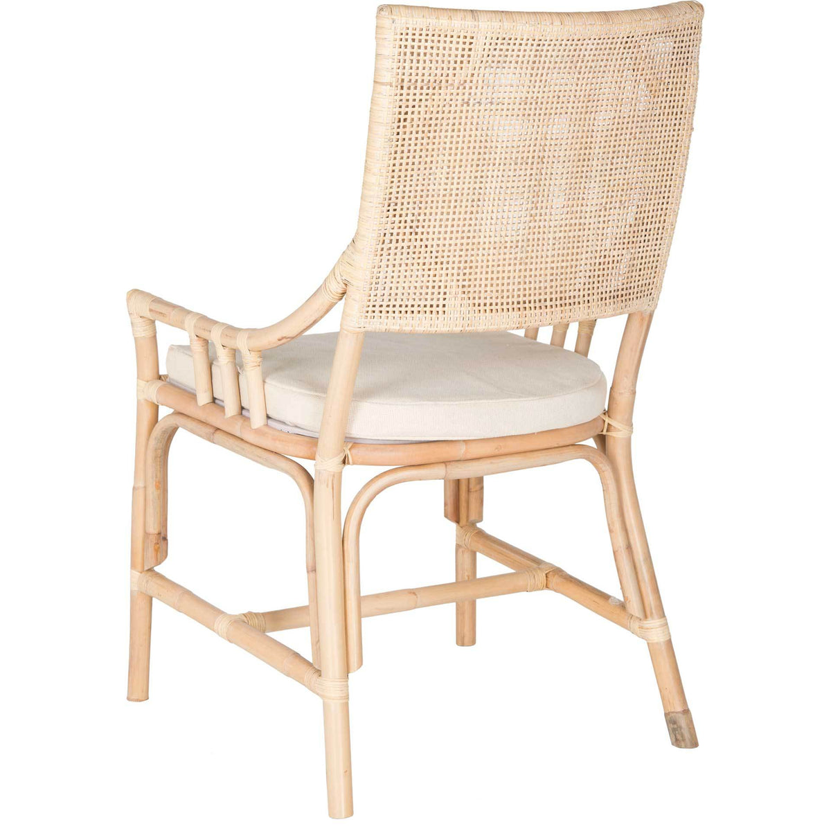 Handwoven rattan and wrapped joints add texture to the chair's graceful frame