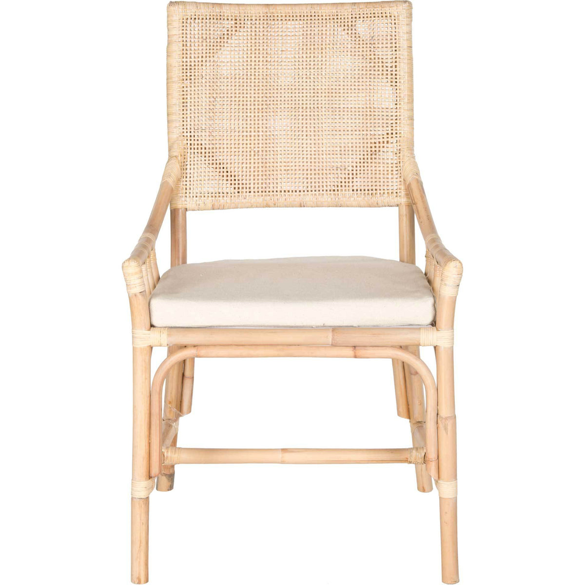 A woven rattan back and white cotton cushion give this armchair a relaxed coastal feel || SEA4012A || front_studio