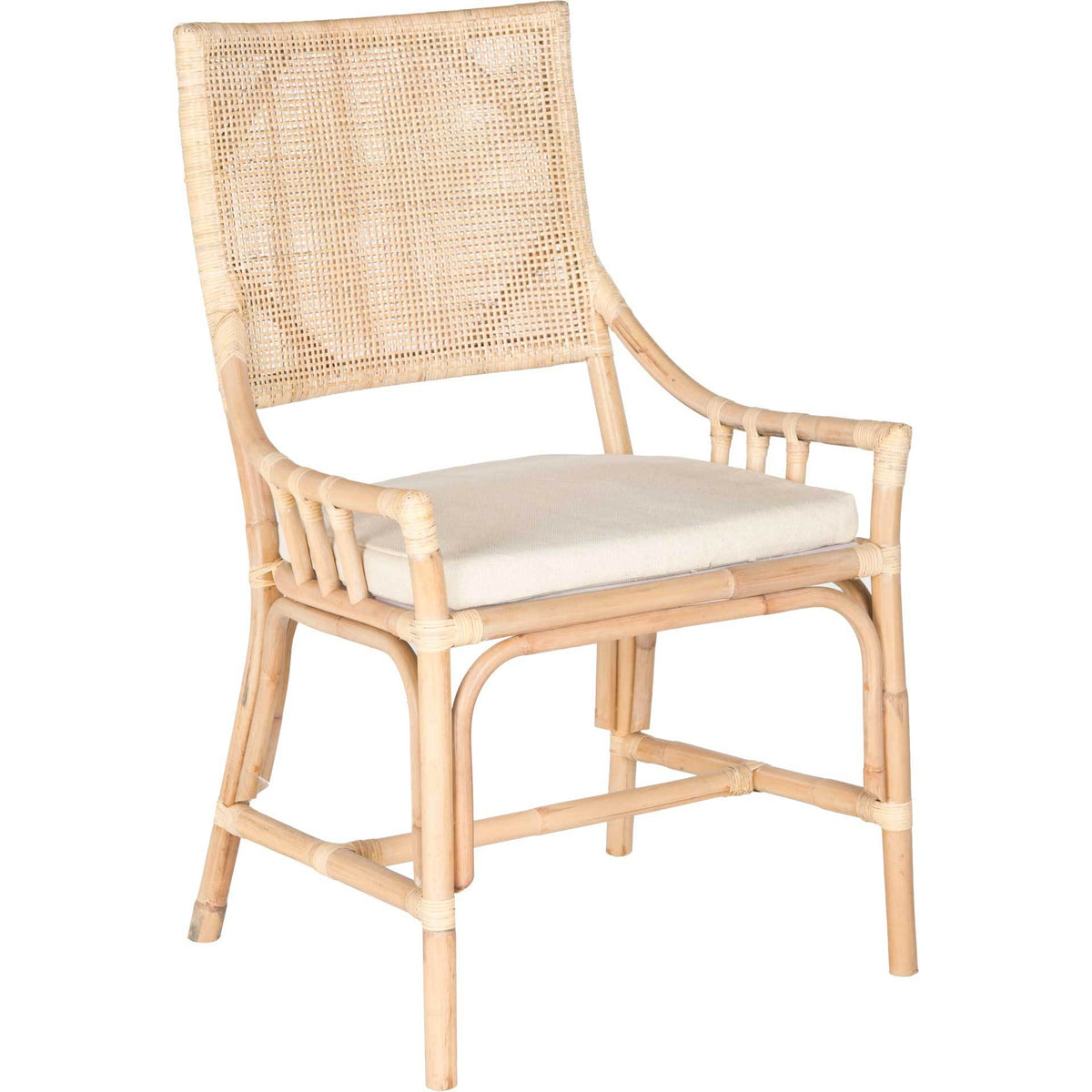 Curved rattan arms and an airy woven back frame a plush white seat cushion || SEA4012A || front_angle_studio