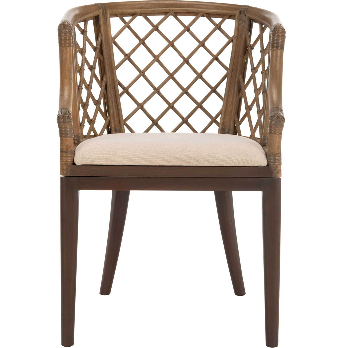 A diamond-lattice back and gently flared arms lend airy texture to this white-cushioned accent chair. || SEA4013A || front_studio