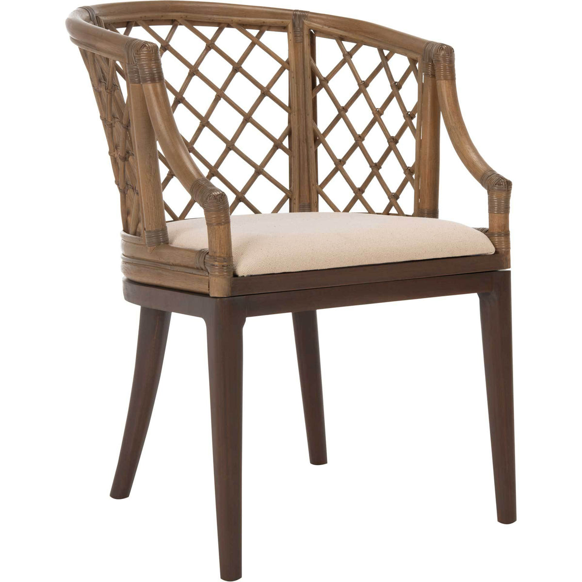 Curved rattan arms frame a white cushioned seat and open lattice back above dark, tapered wood legs. || SEA4013A || front_angle_studio