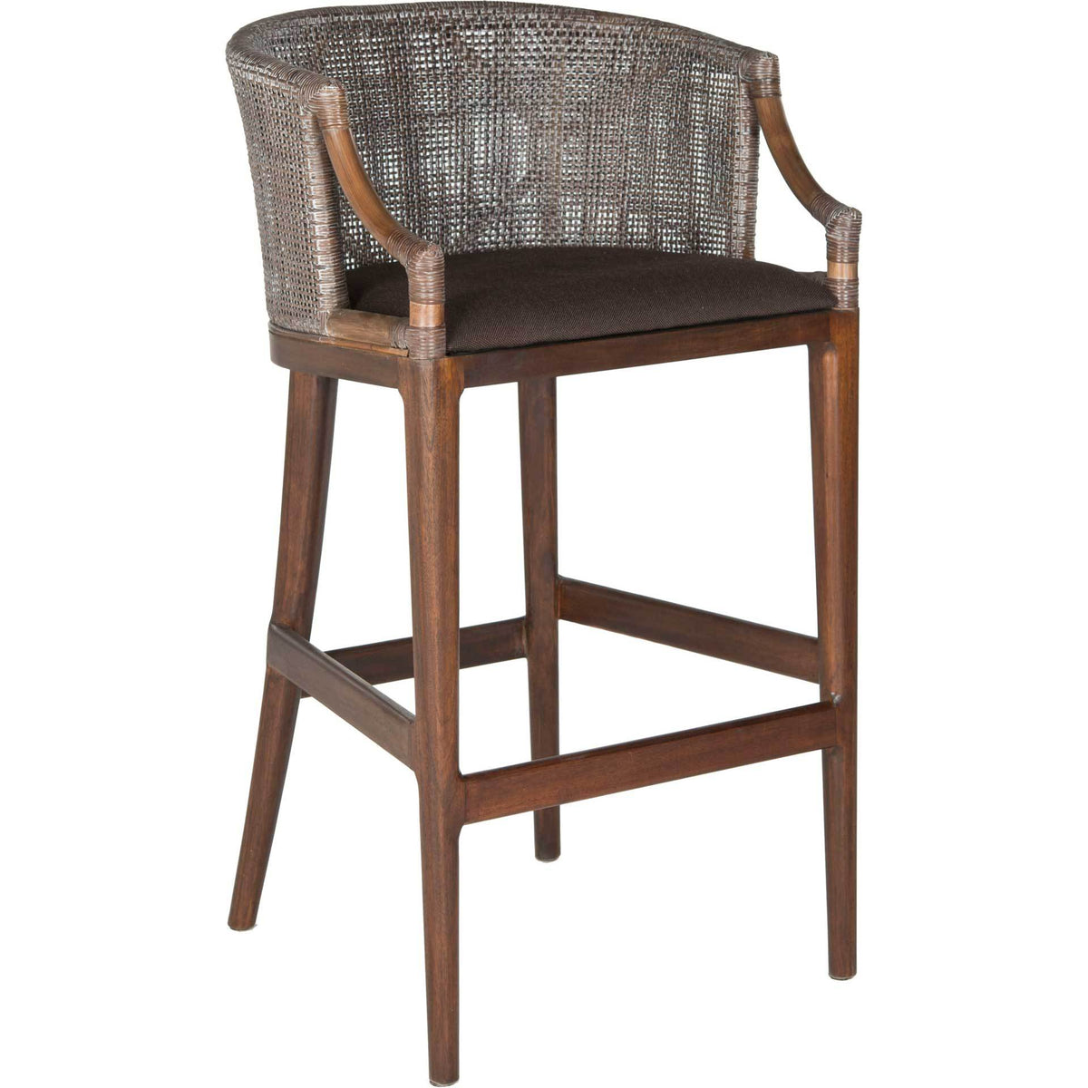 Curved wood arms frame a dark brown seat beneath a textured woven back