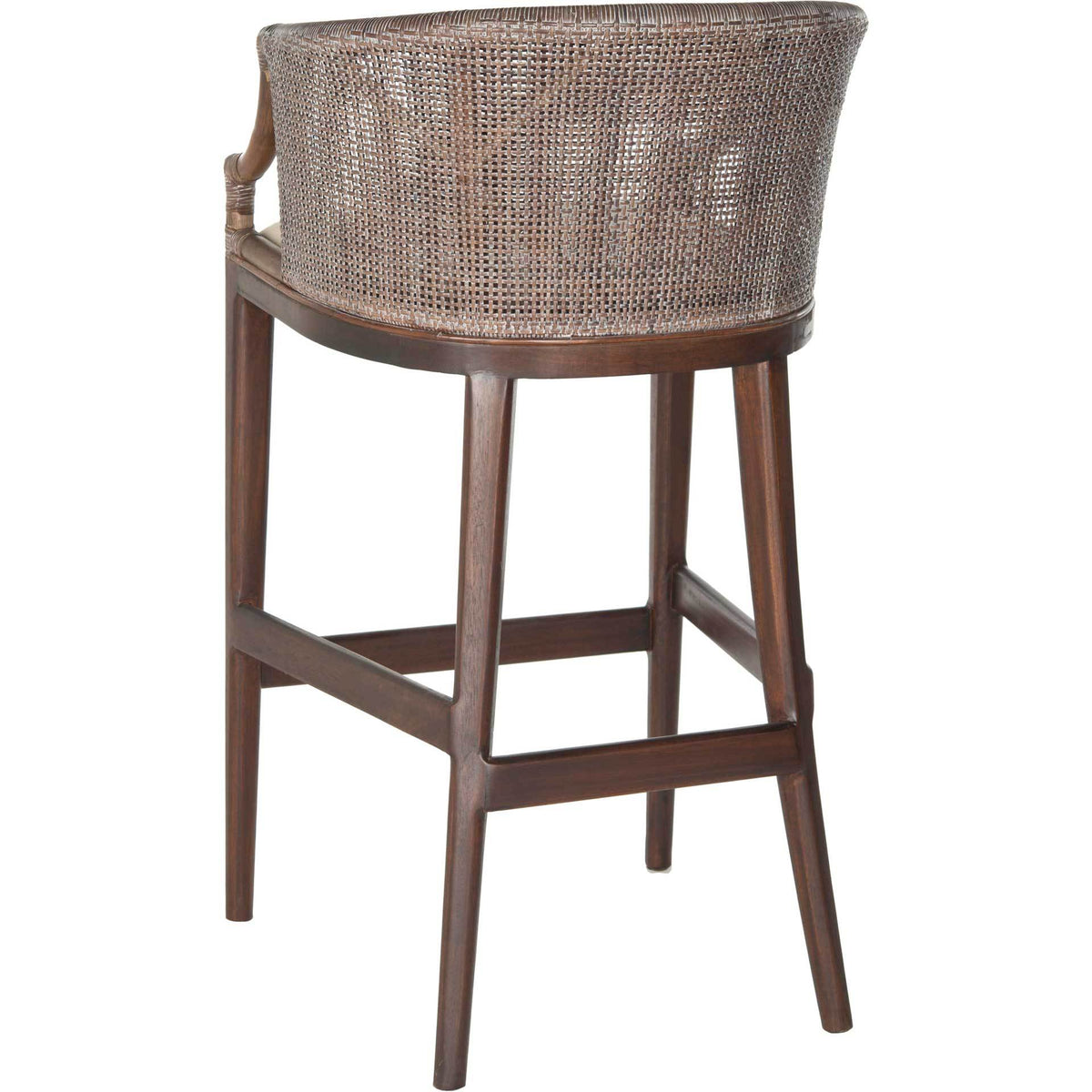 Brown wooden legs support a broad woven back with a gently curved profile