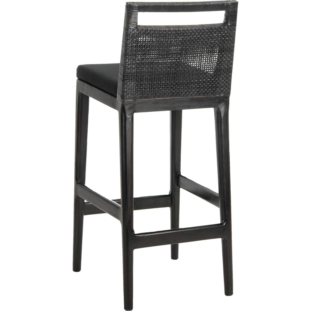 A woven rattan back with an open top rail complements tapered legs and a black cushioned seat.
