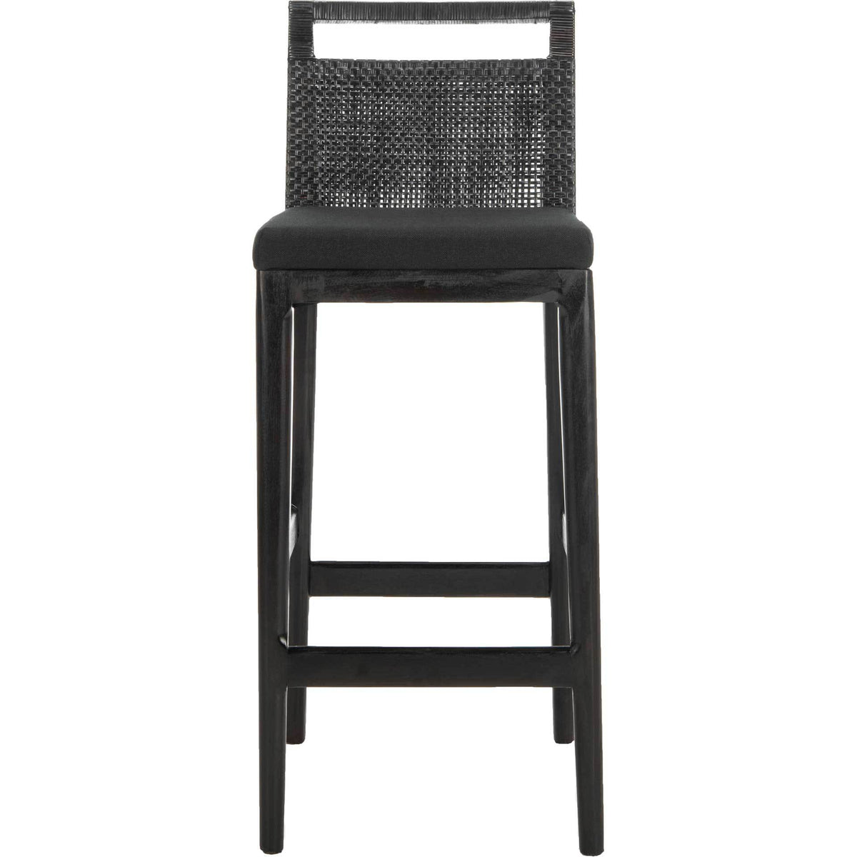 A black cushioned seat and woven rattan back lend comfort and texture to this dark wood bar stool. || SEA4015A || front_studio