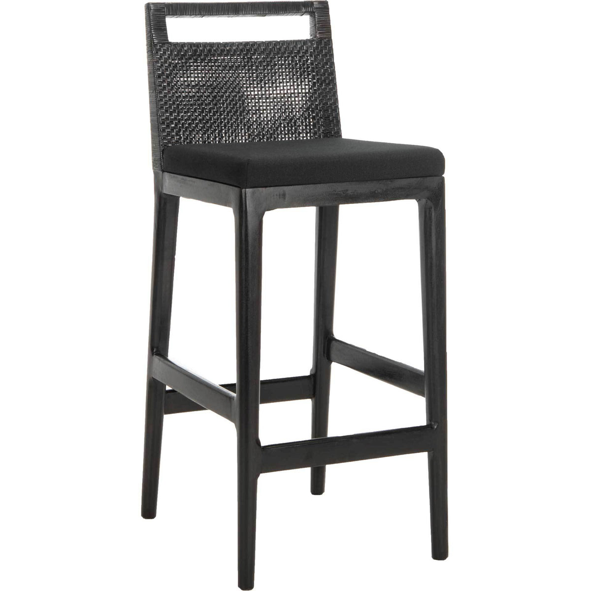 Dark mahogany legs, a black seat cushion, and a woven back give this bar stool a sleek profile. || SEA4015A || front_angle_studio