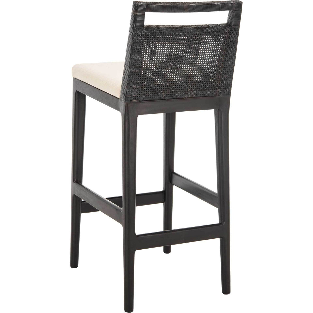 A dark woven back and slender mahogany legs frame the contrasting white cushioned seat.