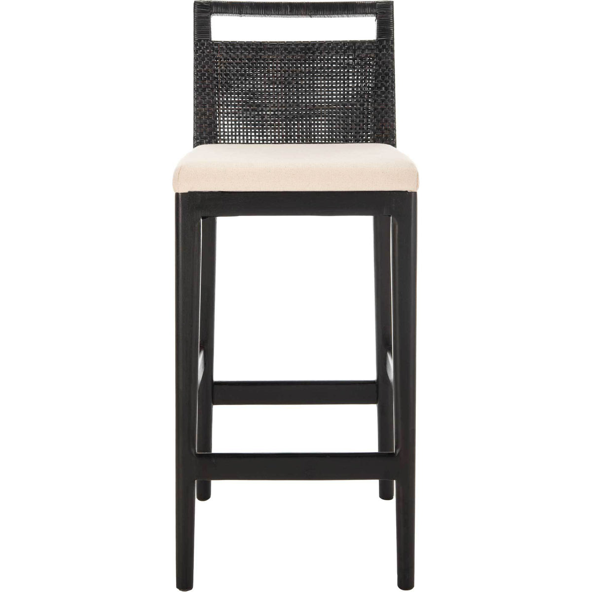 A crisp white cotton cushion contrasts with the dark mahogany frame and woven back of this bar stool. || SEA4015B || front_studio
