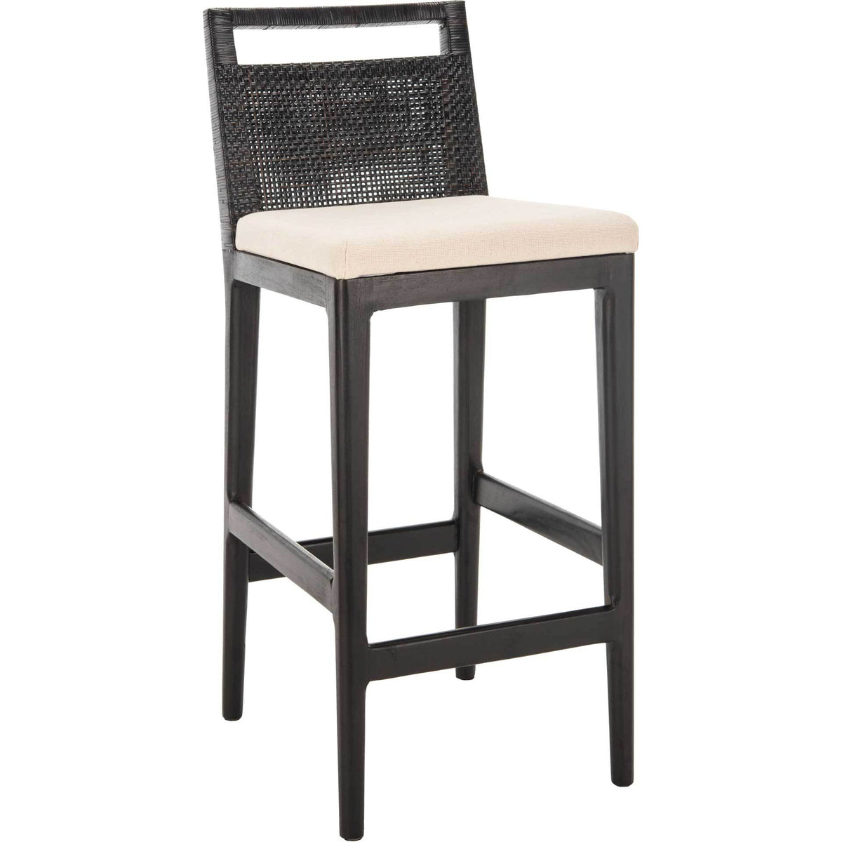 Dark mahogany legs, a woven rattan back, and a white cushion give this bar stool an airy contrast. || SEA4015B || front_angle_studio