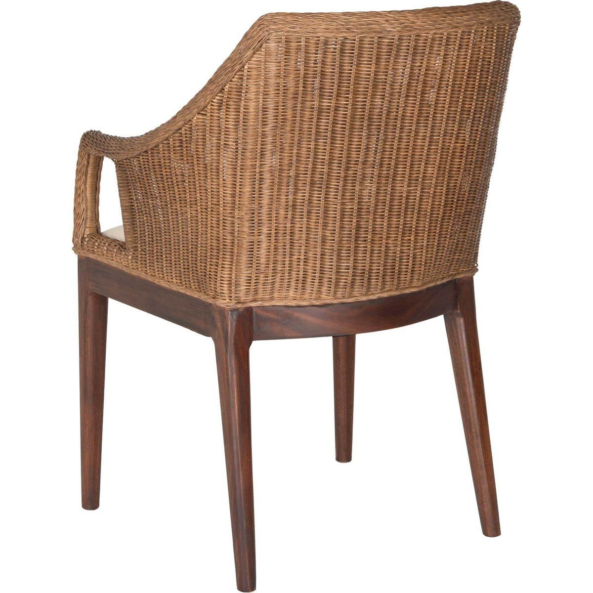Intricate rattan weaving covers the curved back above tapered mahogany legs