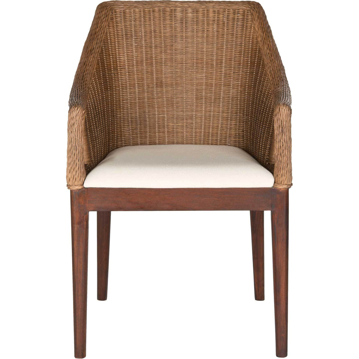A tall woven rattan back and curved arms surround a white seat cushion || SEA4016A || front_studio