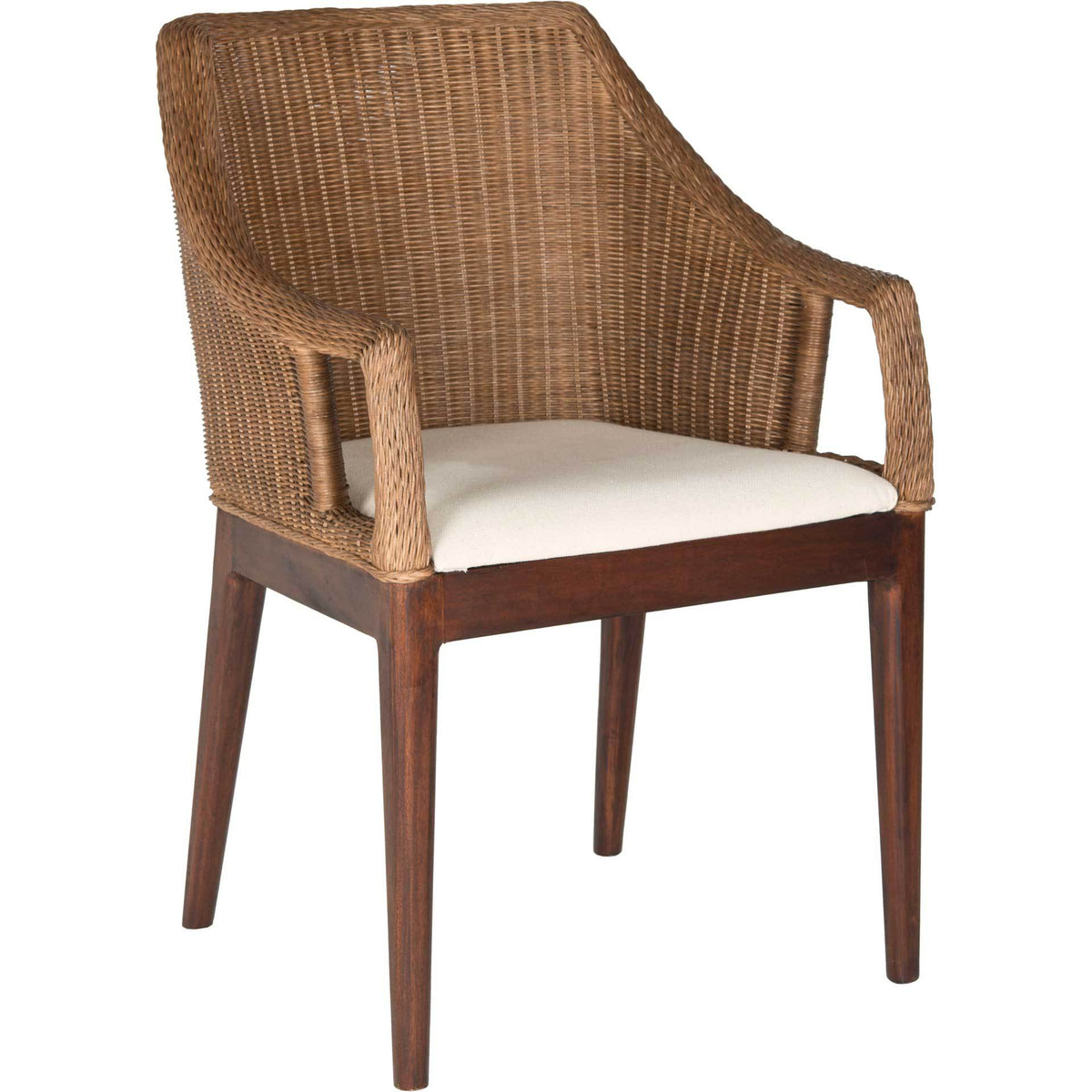 Curved woven rattan arms frame a white cotton seat cushion above tapered mahogany legs || SEA4016A || front_angle_studio