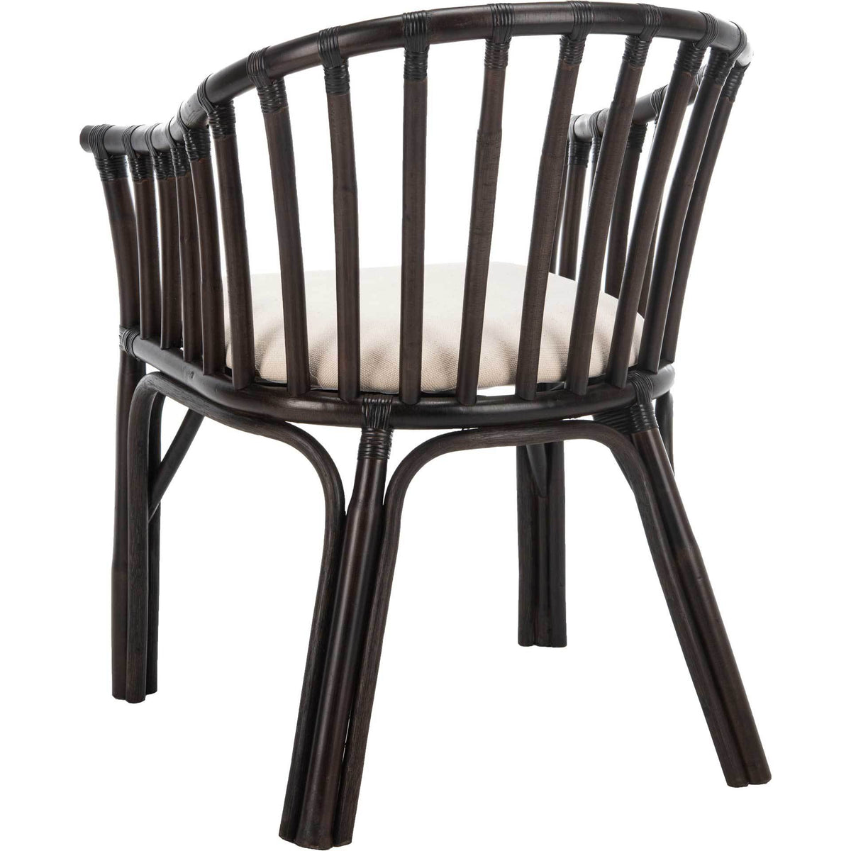 Curved rattan rails and decorative bindings accent the armchair's open back and flared legs.