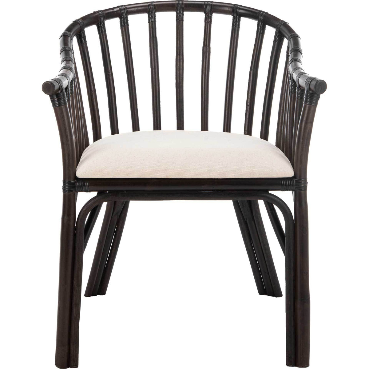 An airy wraparound back and raised arms frame the white cotton seat of this dark brown armchair. || SEA4017A || front_studio