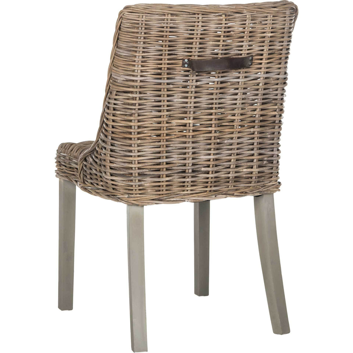A dark leather carry handle accents the woven rattan back above slender legs.