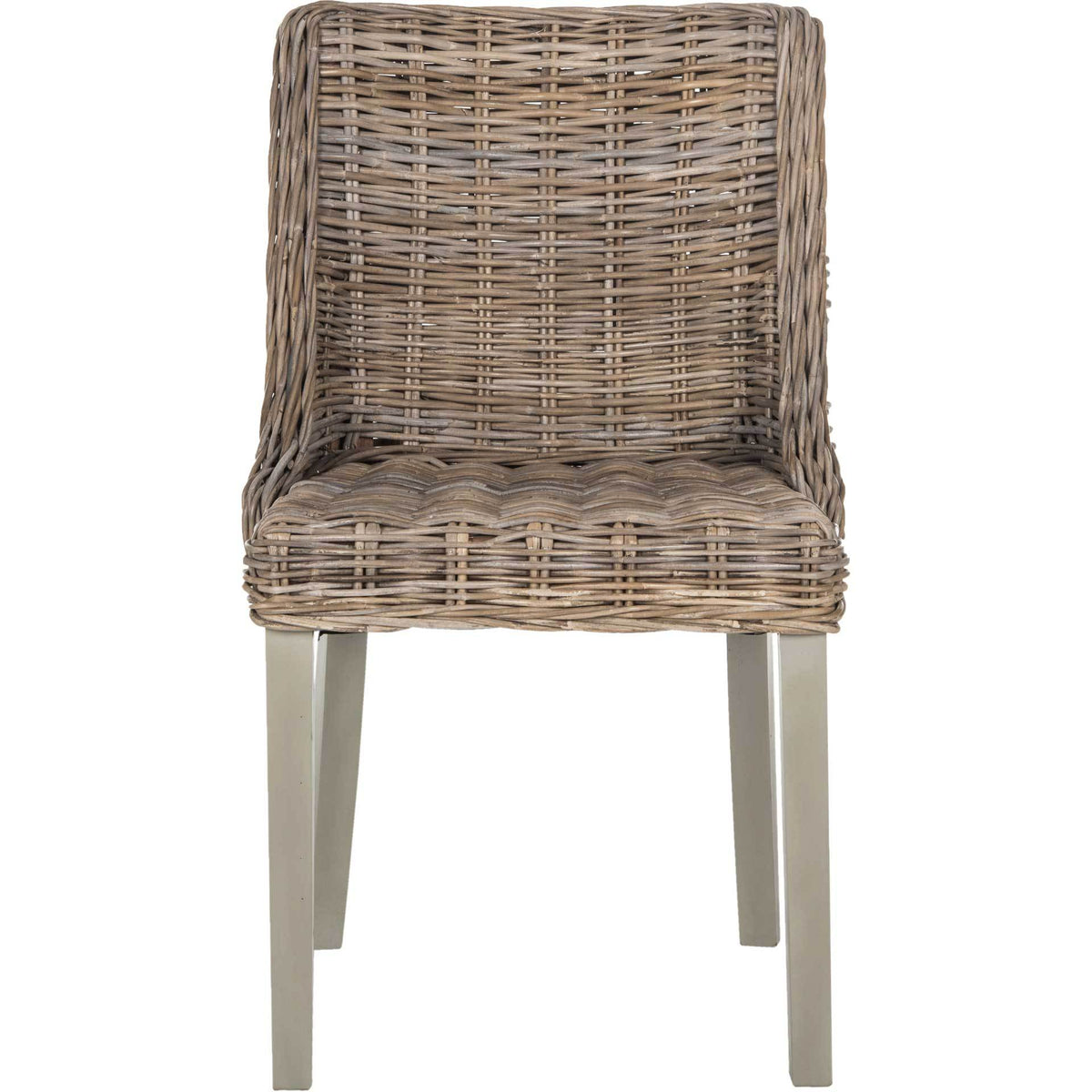 A curved wicker back frames a textured seat on four slender gray legs. || SEA7005A-SET2 || front_studio