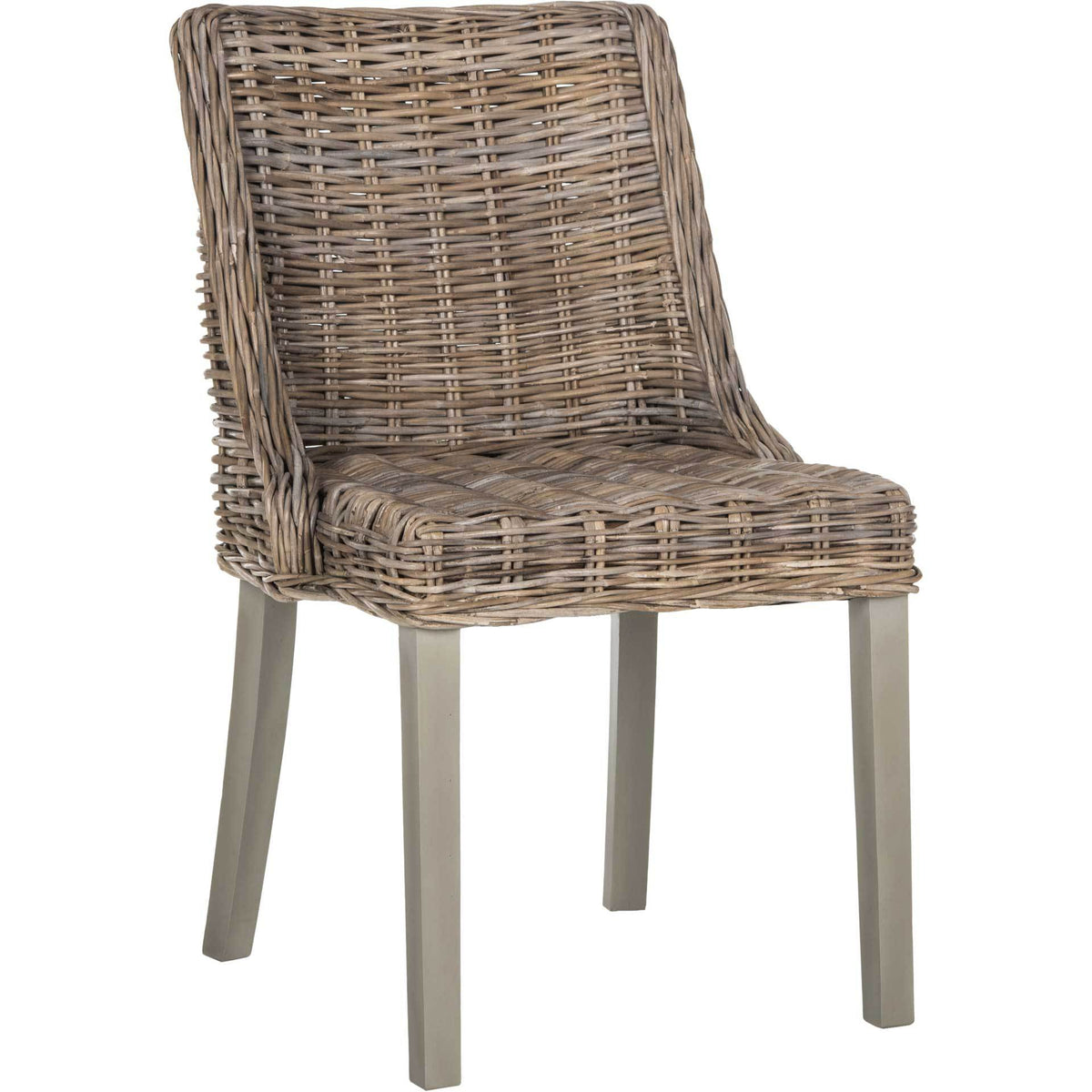 Gray woven rattan wraps a gently curved back and seat above slim legs. || SEA7005A-SET2 || front_angle_studio