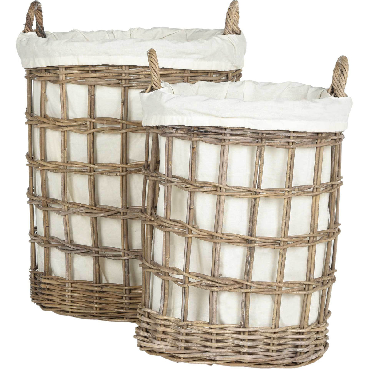 Woven rattan laundry hampers feature soft white liners, braided handles, and reinforced basket bases || SEA7009A || front_studio