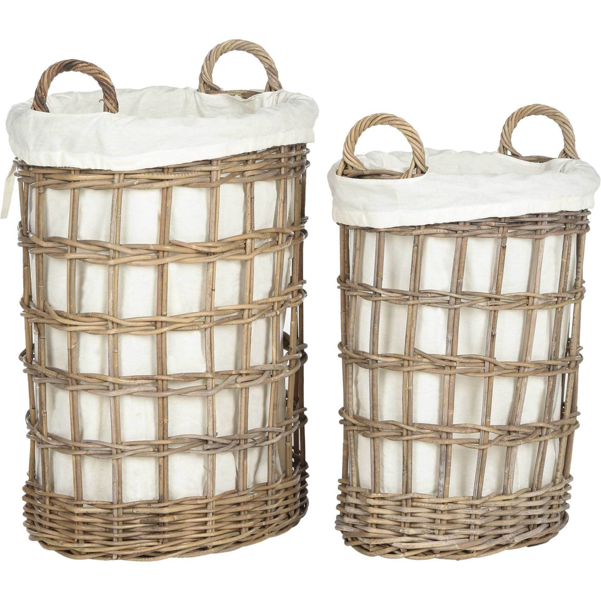 Two differently sized rattan hampers pair open latticework with white cotton liners and loop handles || SEA7009A || side_studio