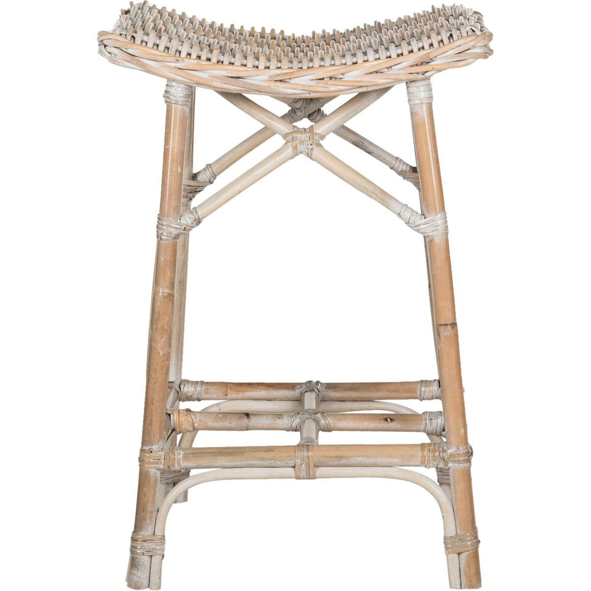 Curved wicker seat tops an airy rattan frame with crossed supports and a built-in footrest || SEA7010A || front_studio