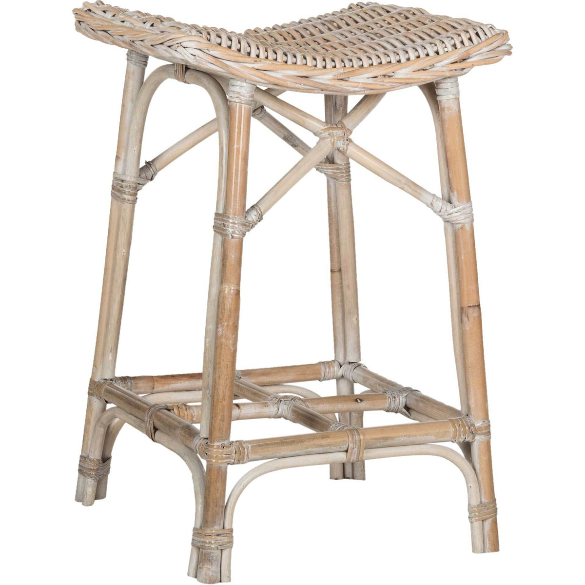 Whitewashed rattan bar stool pairs a woven saddle seat with angled legs and wrapped foot rails || SEA7010A || front_angle_studio