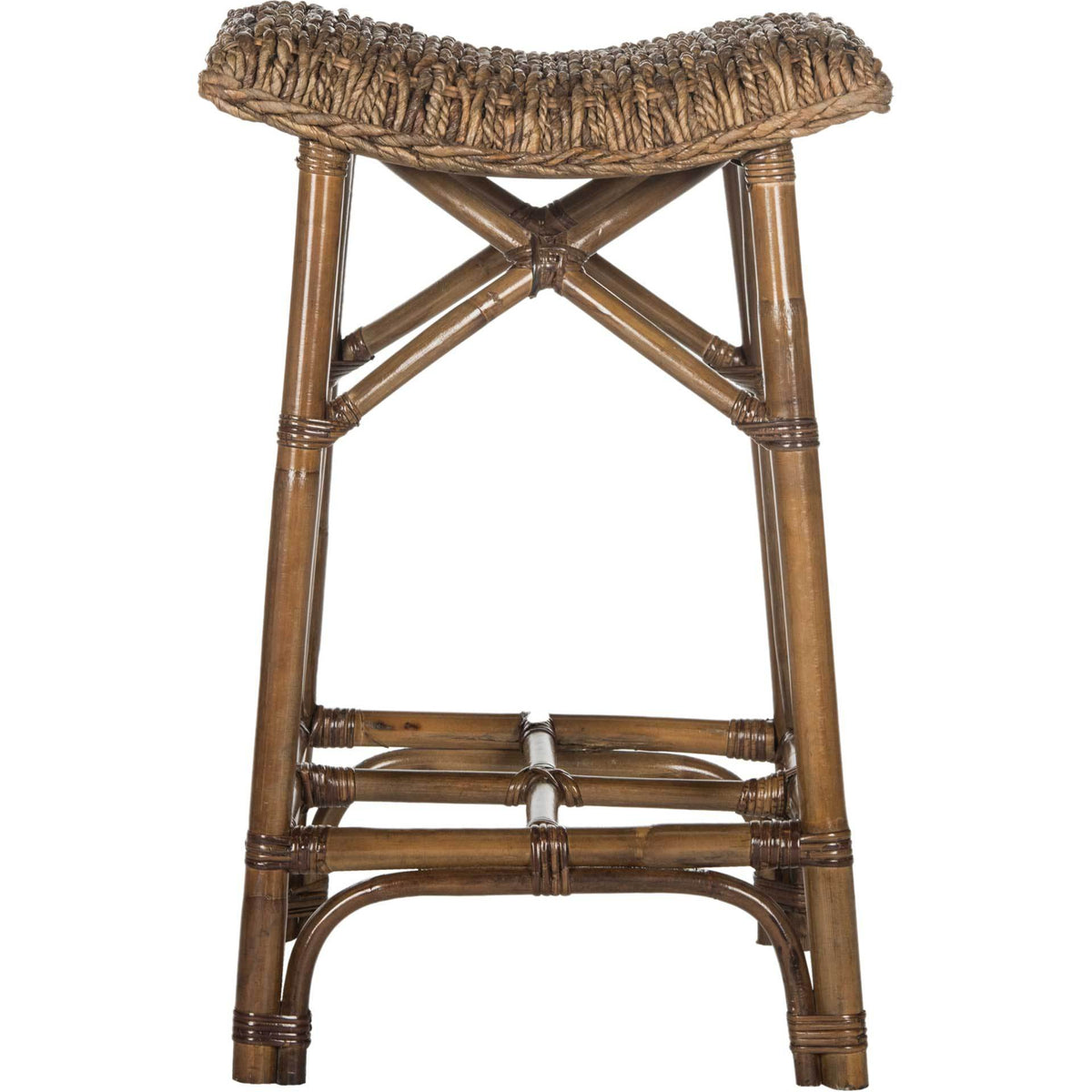 Curved woven seat and cross-braced rattan legs give this brown bar stool an airy, natural look || SEA7011A || front_studio