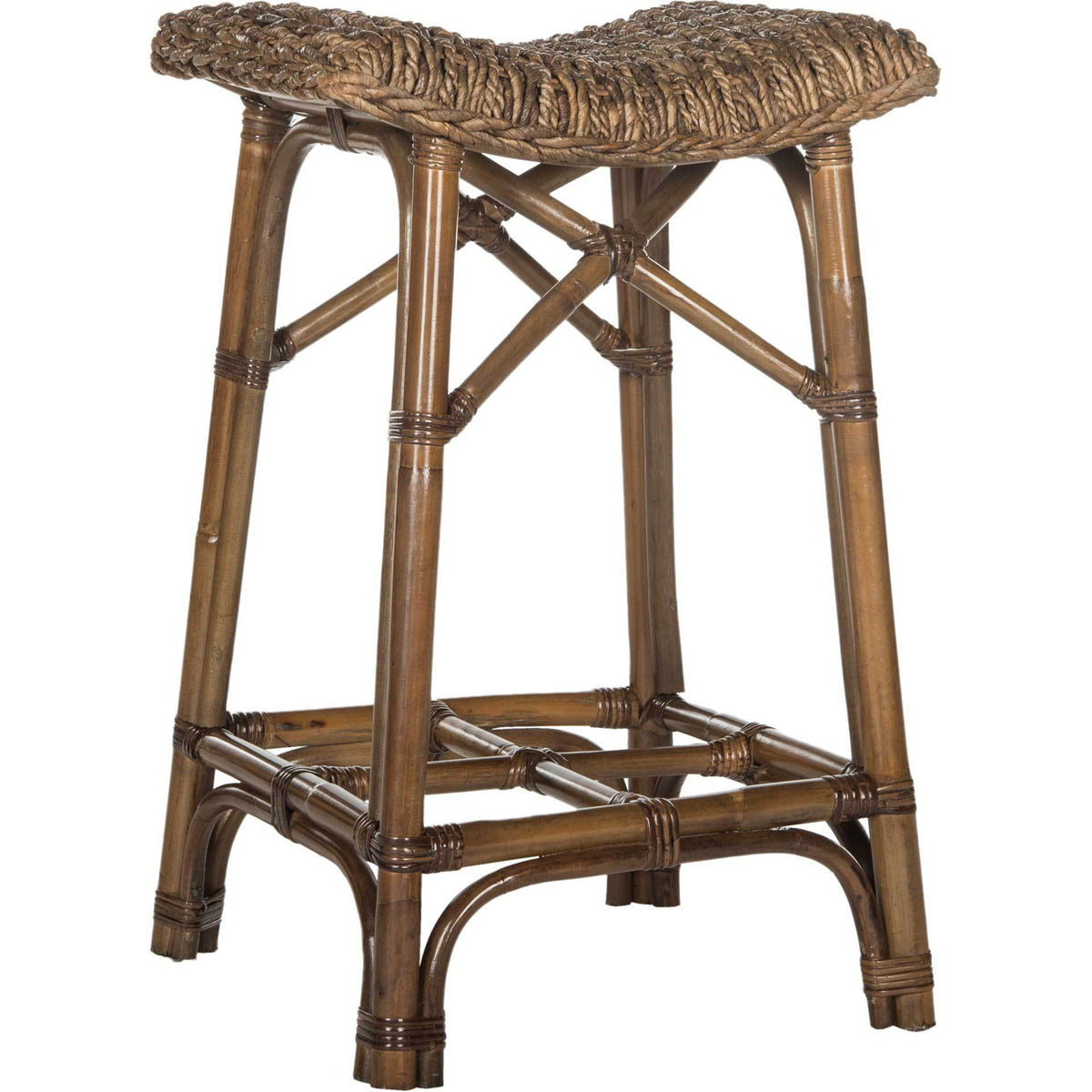 Brown rattan bar stool with a sculpted woven seat, crossed supports and a wraparound footrest || SEA7011A || front_angle_studio
