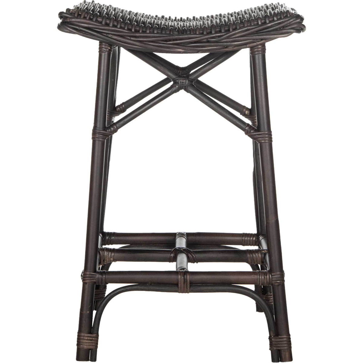 A saddle-shaped woven seat tops crossed supports on this dark brown rattan bar stool || SEA7012A || front_studio