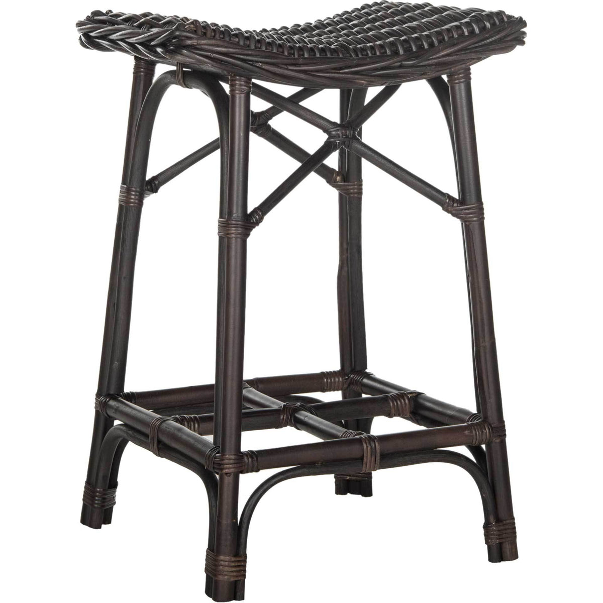Dark brown rattan bar stool pairs a curved woven seat with splayed legs and a wraparound footrest || SEA7012A || front_angle_studio