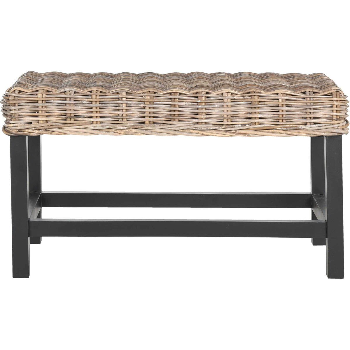 A woven gray rattan seat brings natural warmth to a compact bench with bold black legs || SEA7014A || front_studio