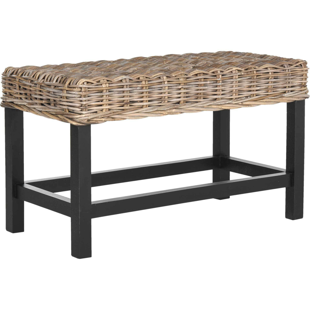 Textured gray wicker tops a black bench frame with clean lines and sturdy lower stretchers || SEA7014A || front_angle_studio