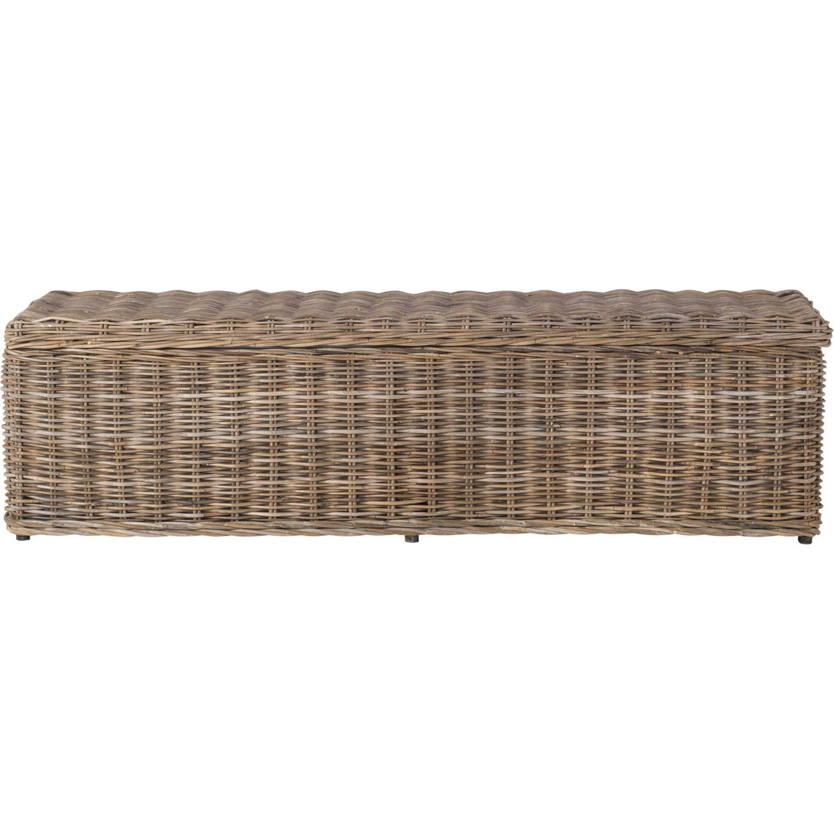 Long wicker storage bench features a clean-lined gray weave and subtly rounded corners || SEA7017A || front_studio