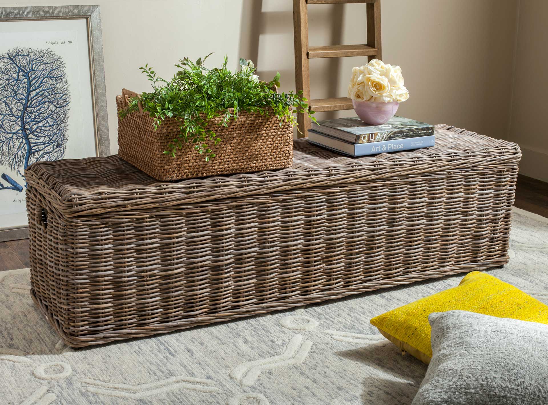 Caine Wicker Bench With Storage Gray