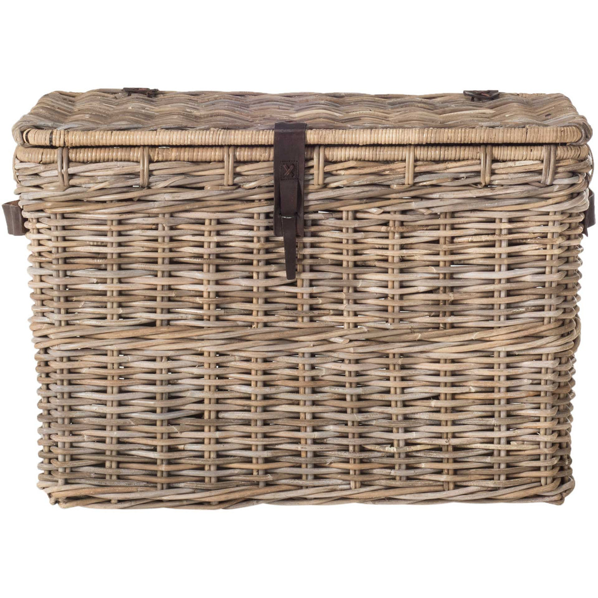 Handwoven gray rattan trunk offers concealed storage beneath a fitted lid with a dark front strap || SEA7021A || front_studio