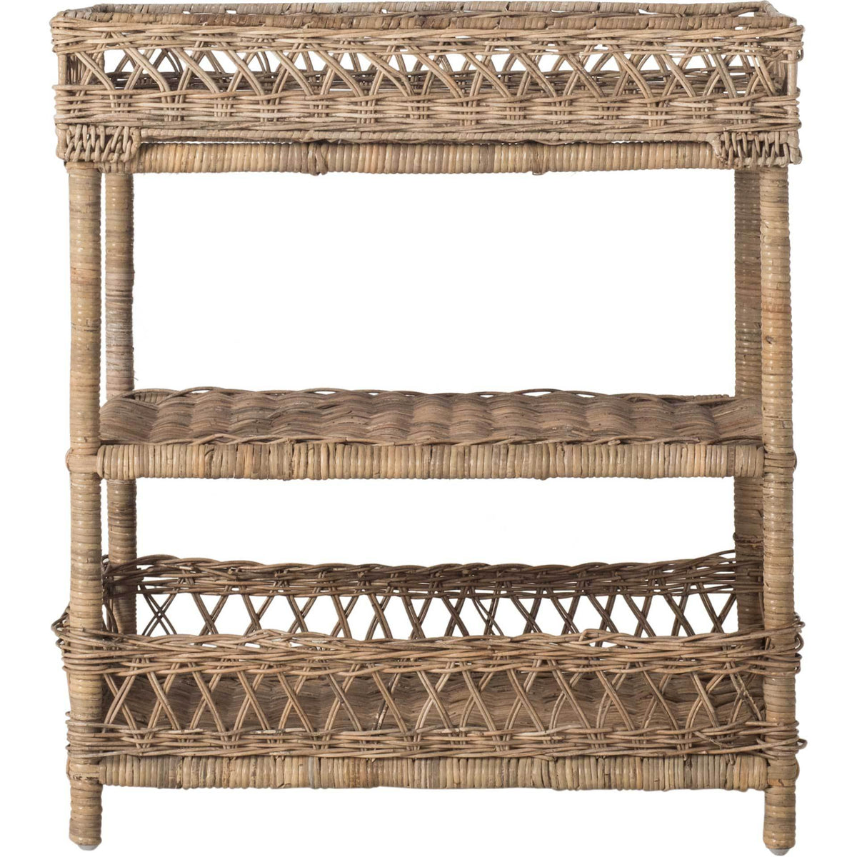 Three-tier rattan accent table with airy lattice borders and woven storage shelves || SEA7026A || front_studio